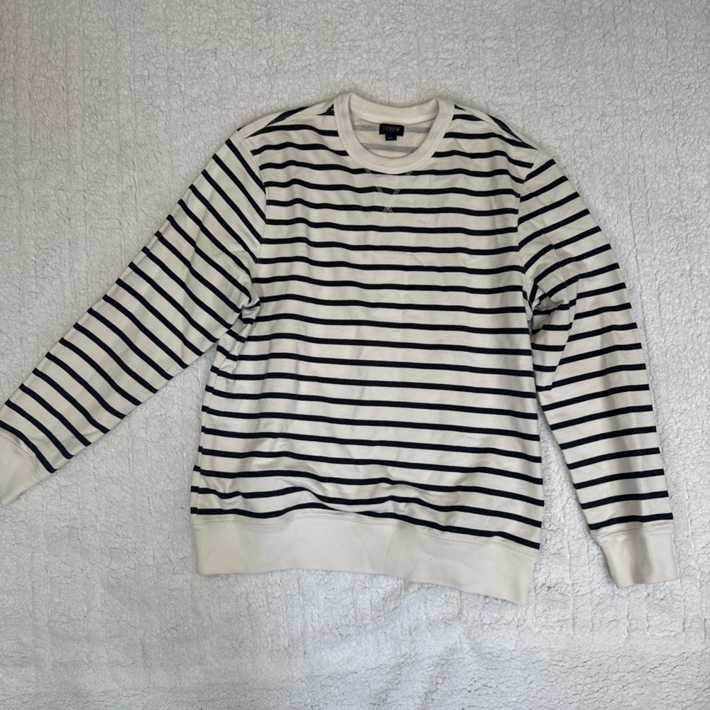 J. Crew Men's Cream and Black Striped Crewneck Sweater